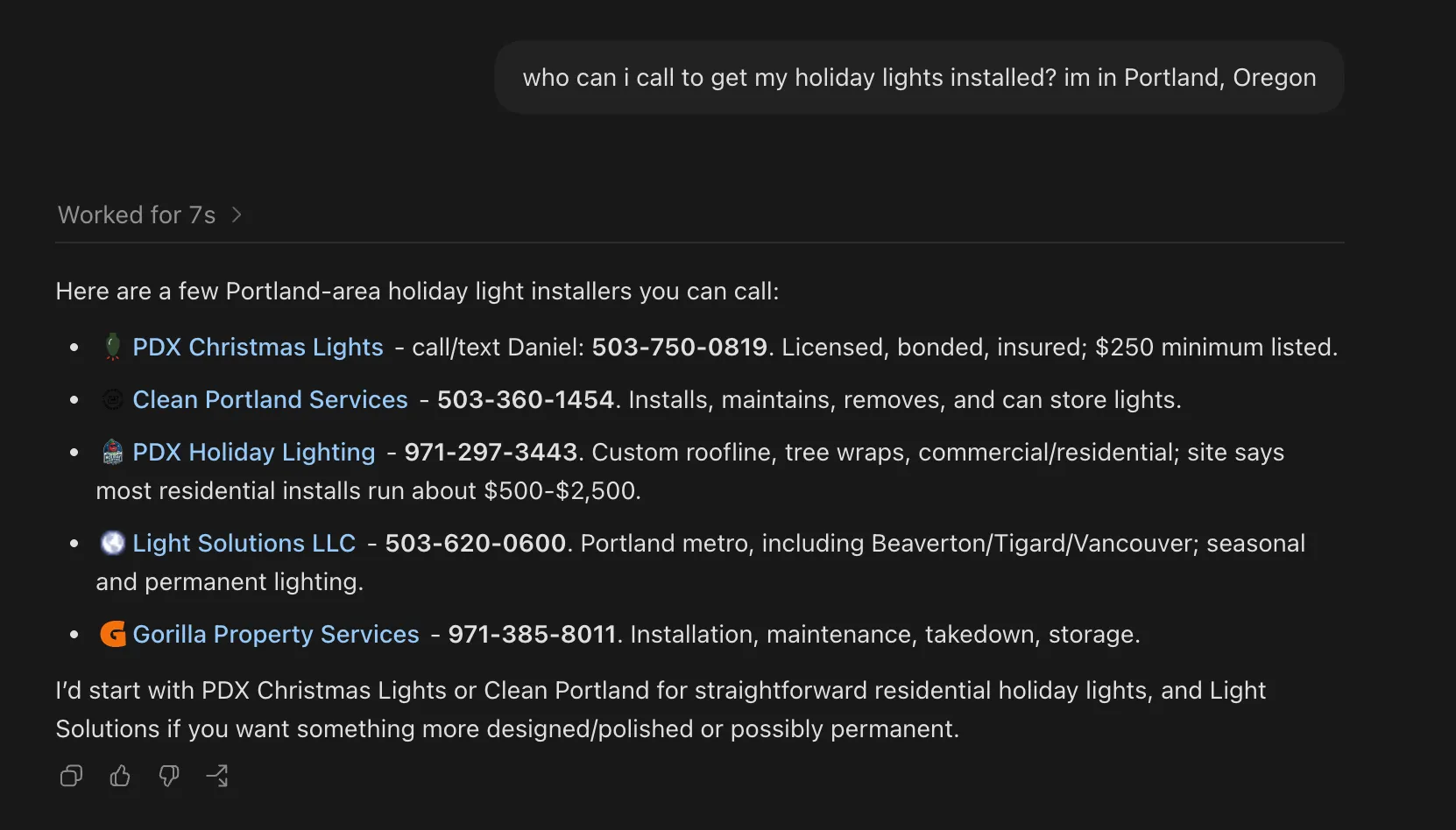 ChatGPT naming five Portland holiday light installers with phone numbers and two published prices, none of them in Google's map