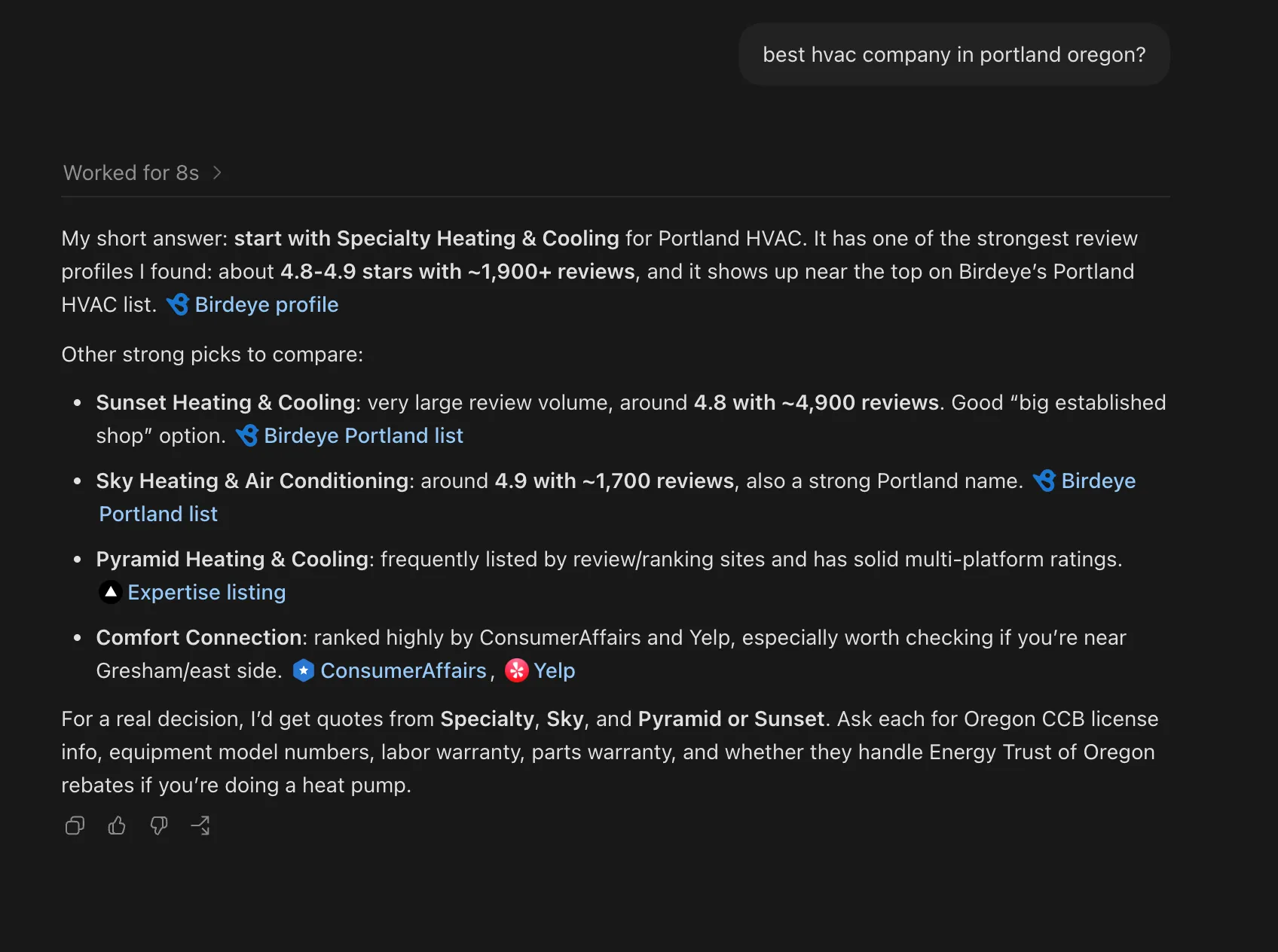 ChatGPT answering who the best HVAC company in Portland, Oregon is, naming Specialty Heating & Cooling and citing Birdeye, Expertise, ConsumerAffairs, and Yelp