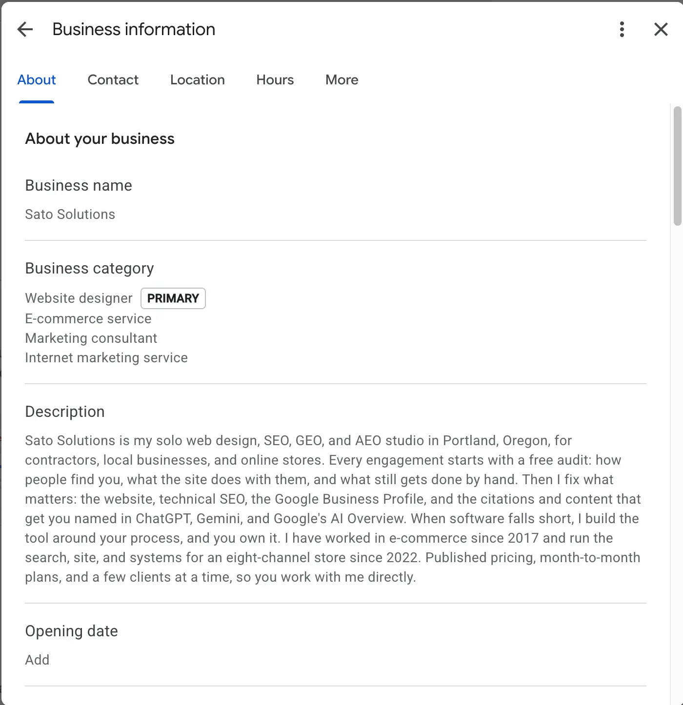 The About tab of a Google Business Profile: business name, four categories, a full description, and an opening date left empty