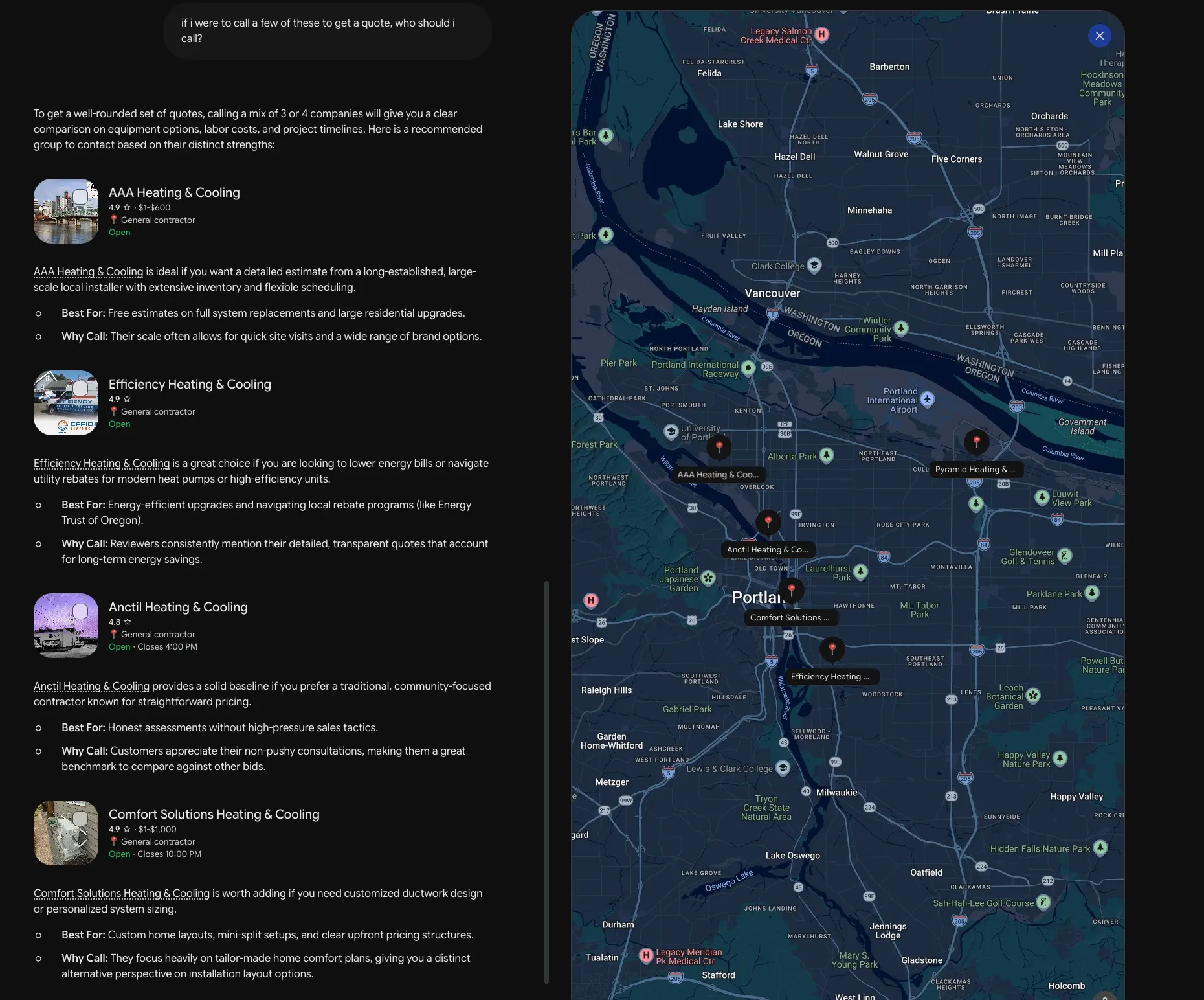 Gemini asked which Portland HVAC companies to call for quotes, naming AAA, Efficiency, Anctil, and Comfort Solutions from their Google business listings, with the four pinned on a map of Portland