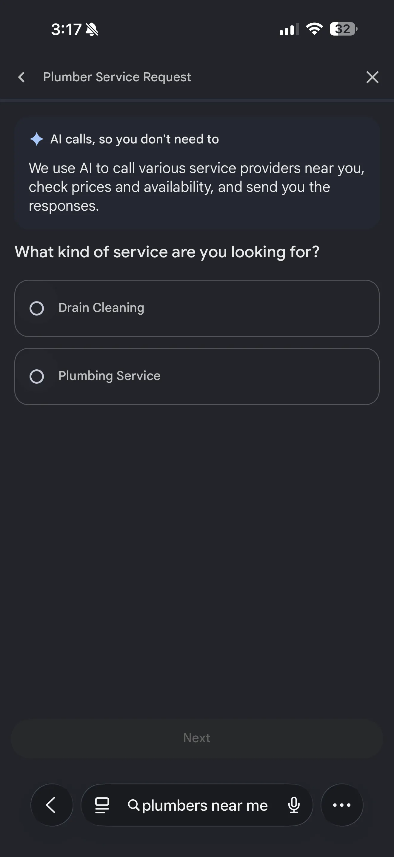 Google's Plumber Service Request form on a phone: AI calls, so you don't need to, then a choice between drain cleaning and plumbing service