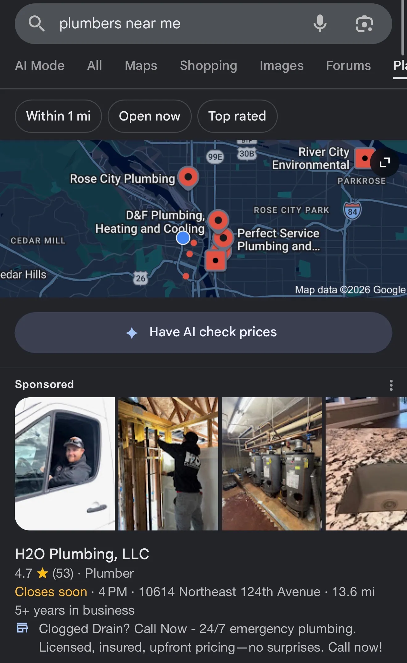 Google results for plumbers near me on a phone in Portland: the map with Rose City, D&F, and Perfect Service pinned, a Have AI check prices button, then a sponsored listing for H2O Plumbing