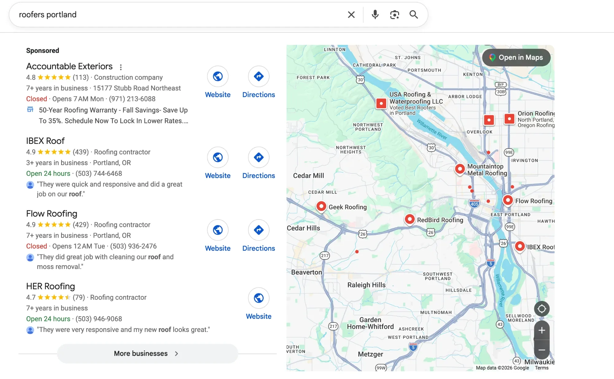Google results for roofers in Portland