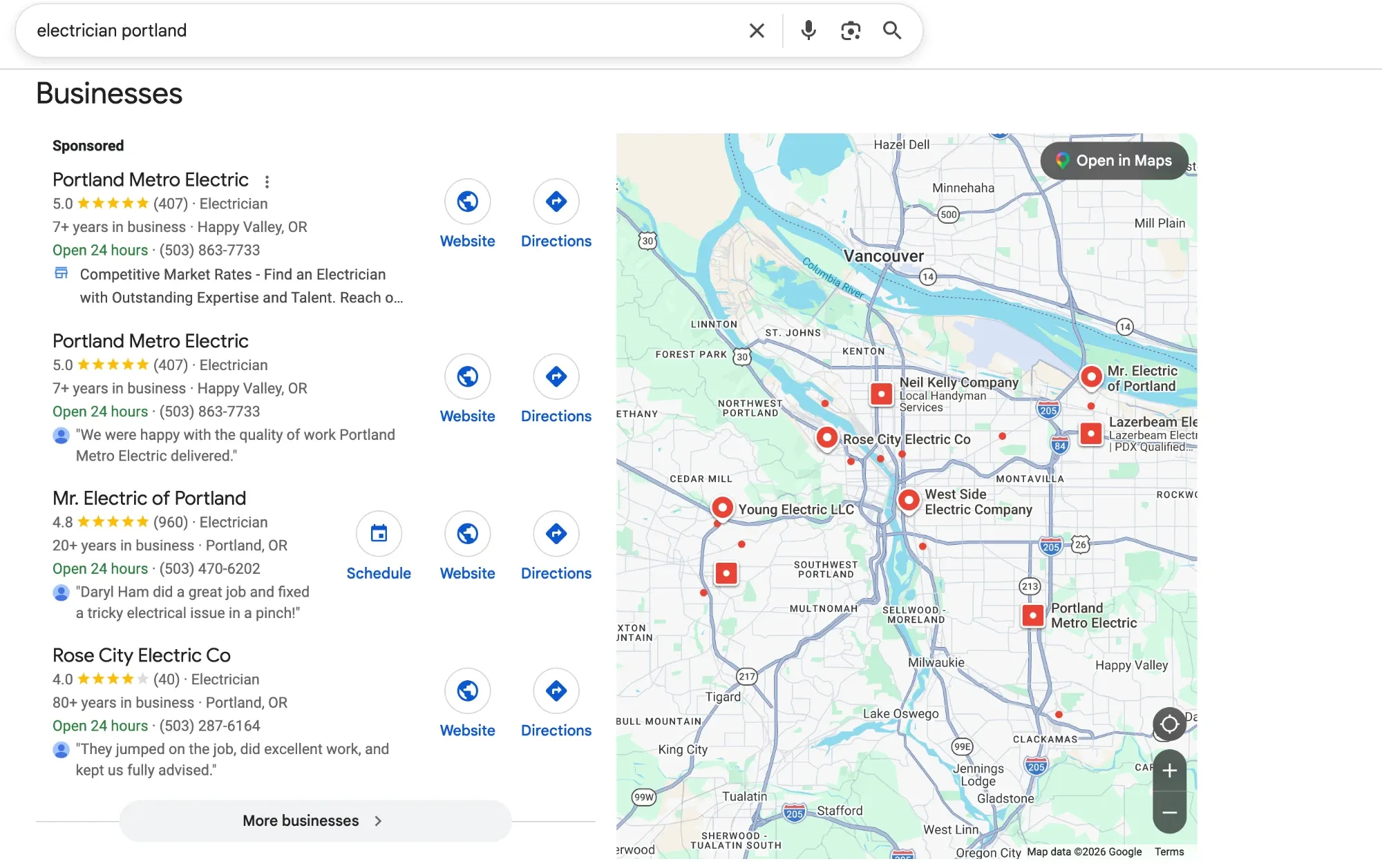 Google results for electrician portland: a sponsored listing, then three electricians on a map
