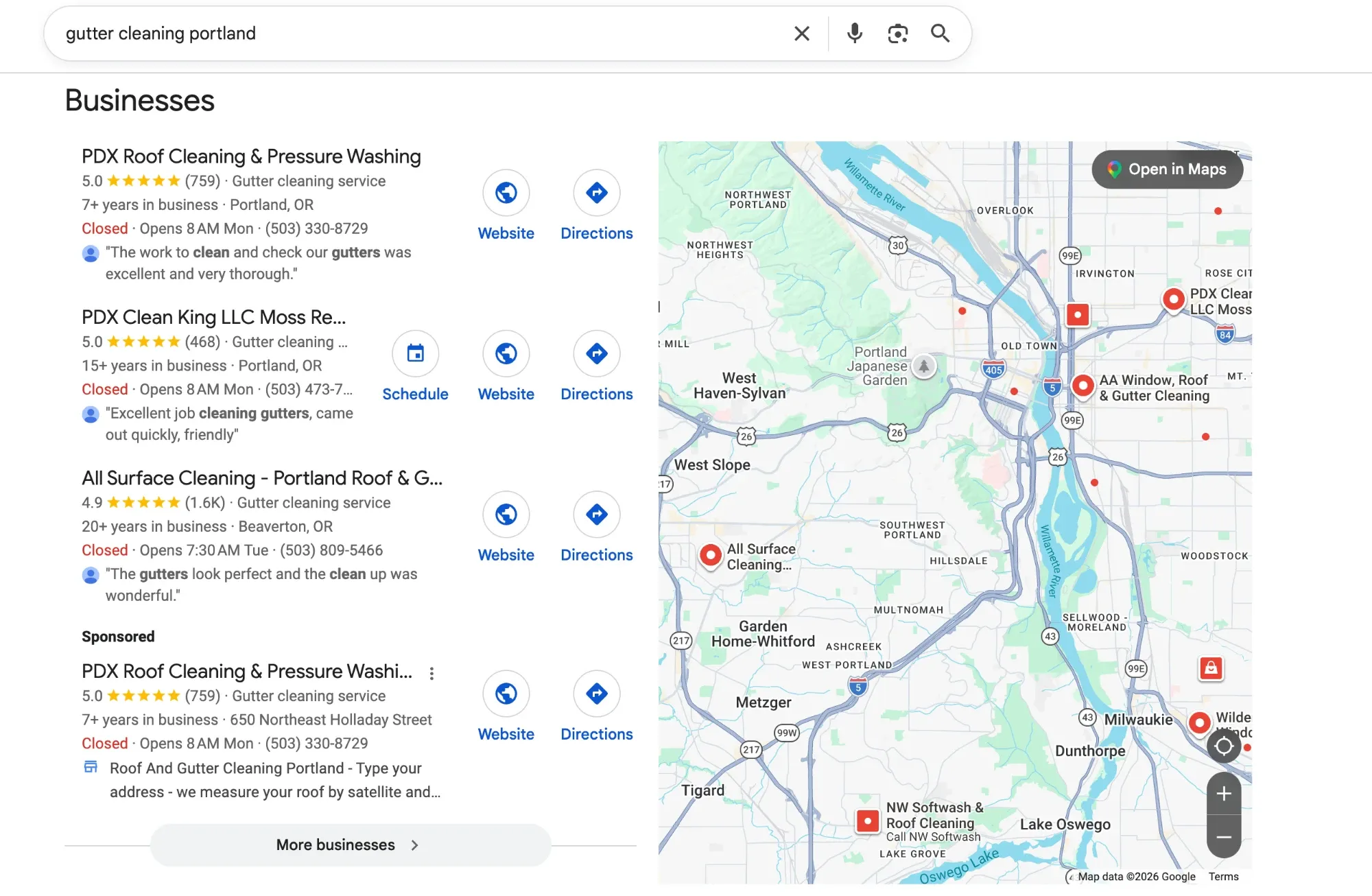 Google results for gutter cleaning portland: three gutter cleaning services on a map, all closed, with a sponsored listing below
