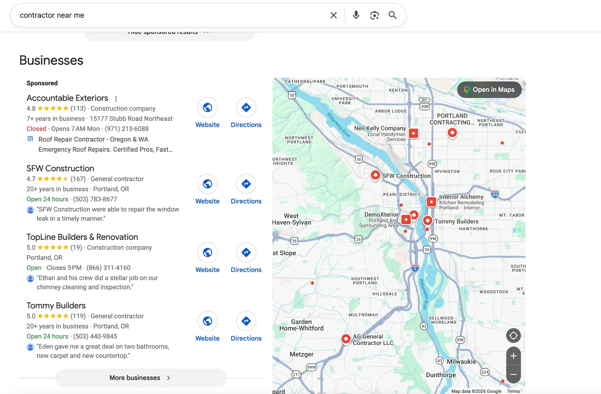 Google results for contractor near me: three construction companies on a map, with a roofing company paying for the sponsored slot above them