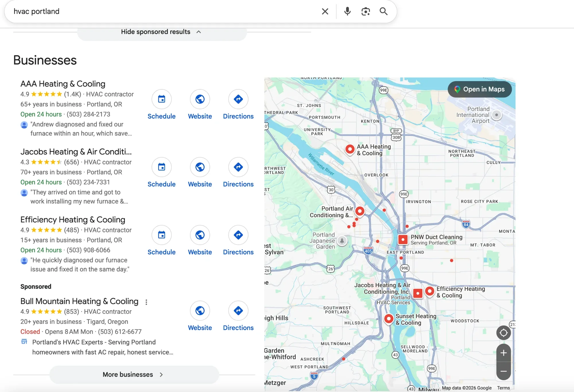 Google results for hvac portland: three heating and cooling companies on a map, all open 24 hours, with a sponsored listing below
