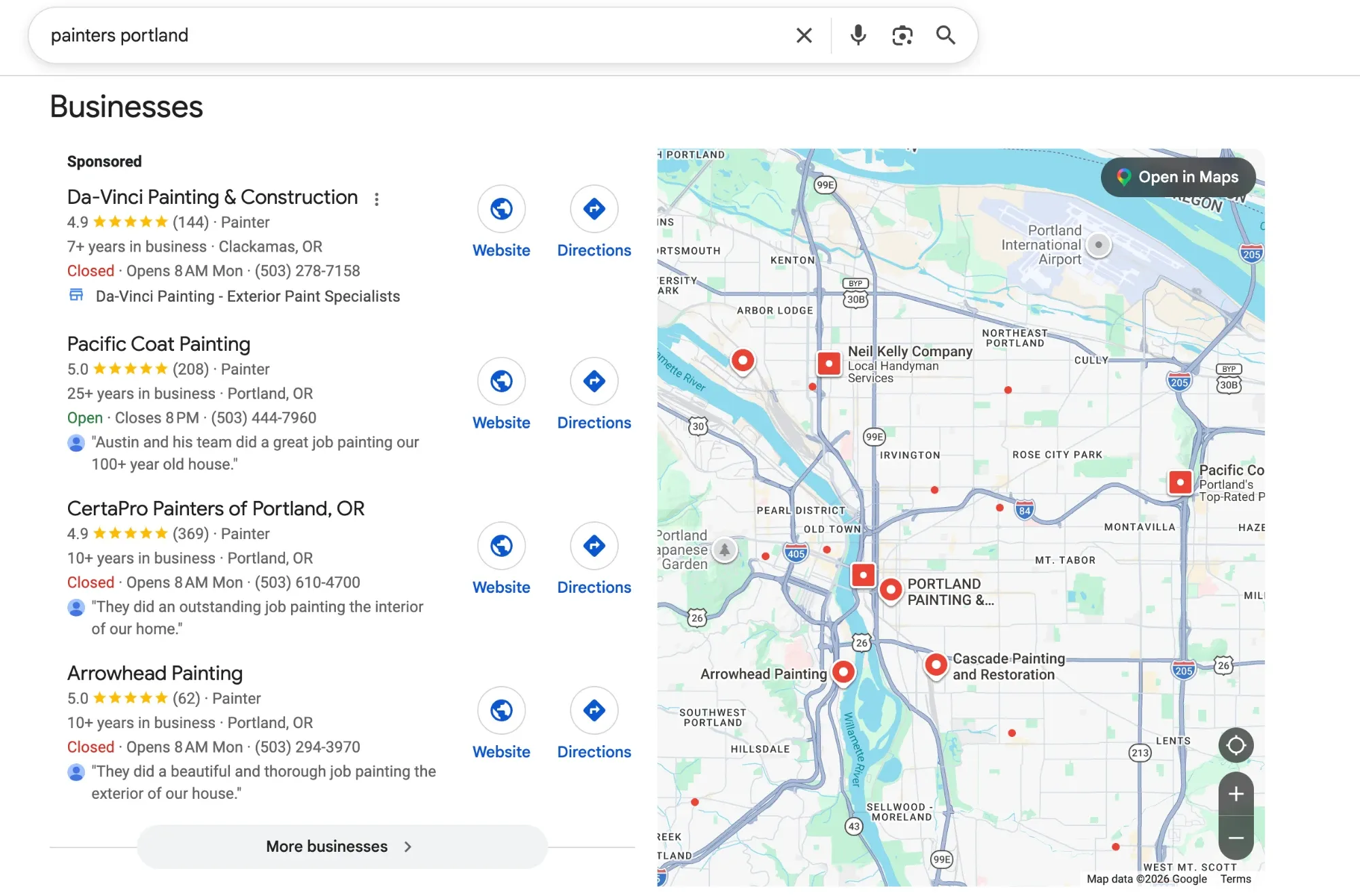 Google results for painters portland: three painting companies on a map, with a sponsored listing above them