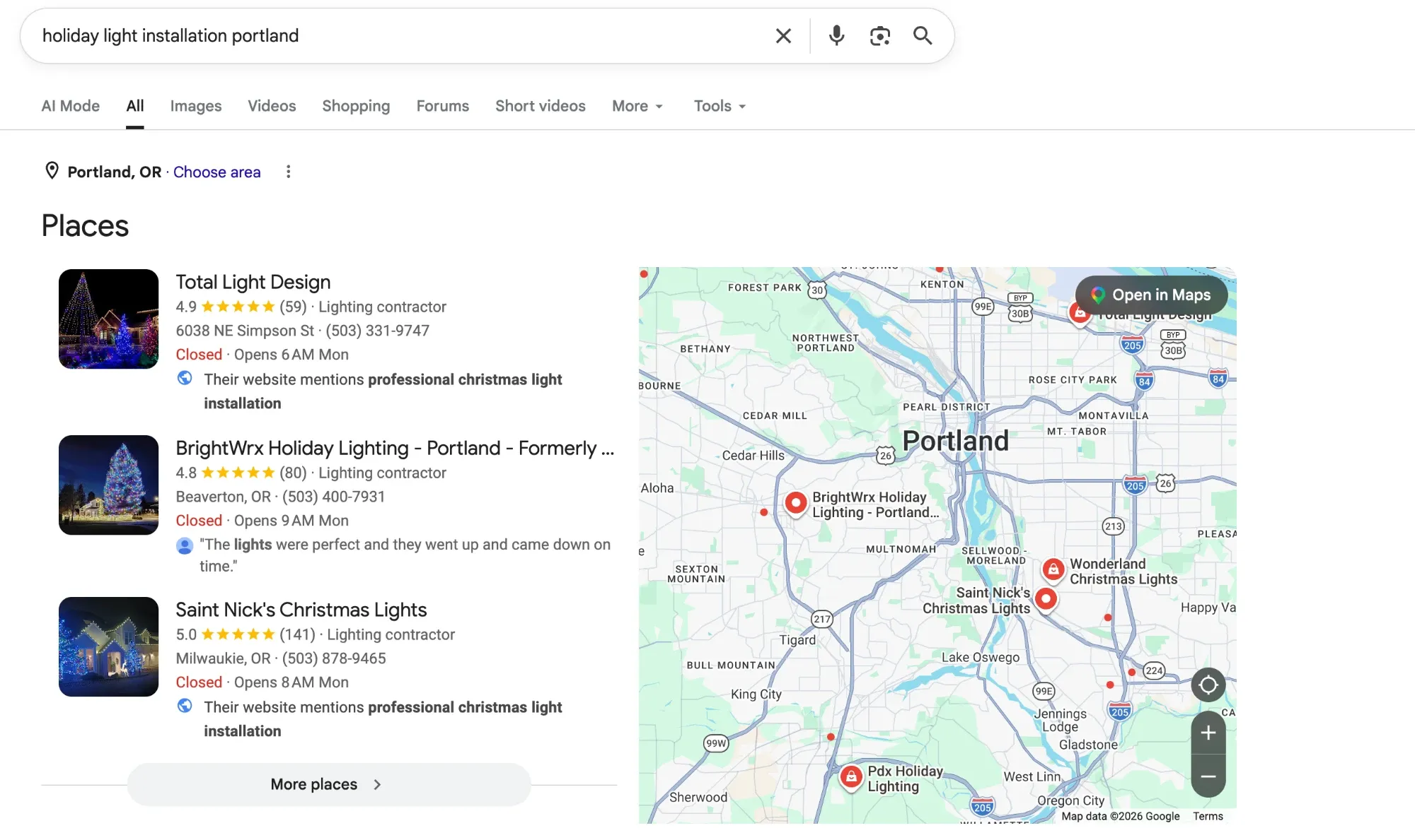 Google results for holiday light installation portland: Total Light Design, BrightWrx Holiday Lighting, and Saint Nick's Christmas Lights on a map, all closed