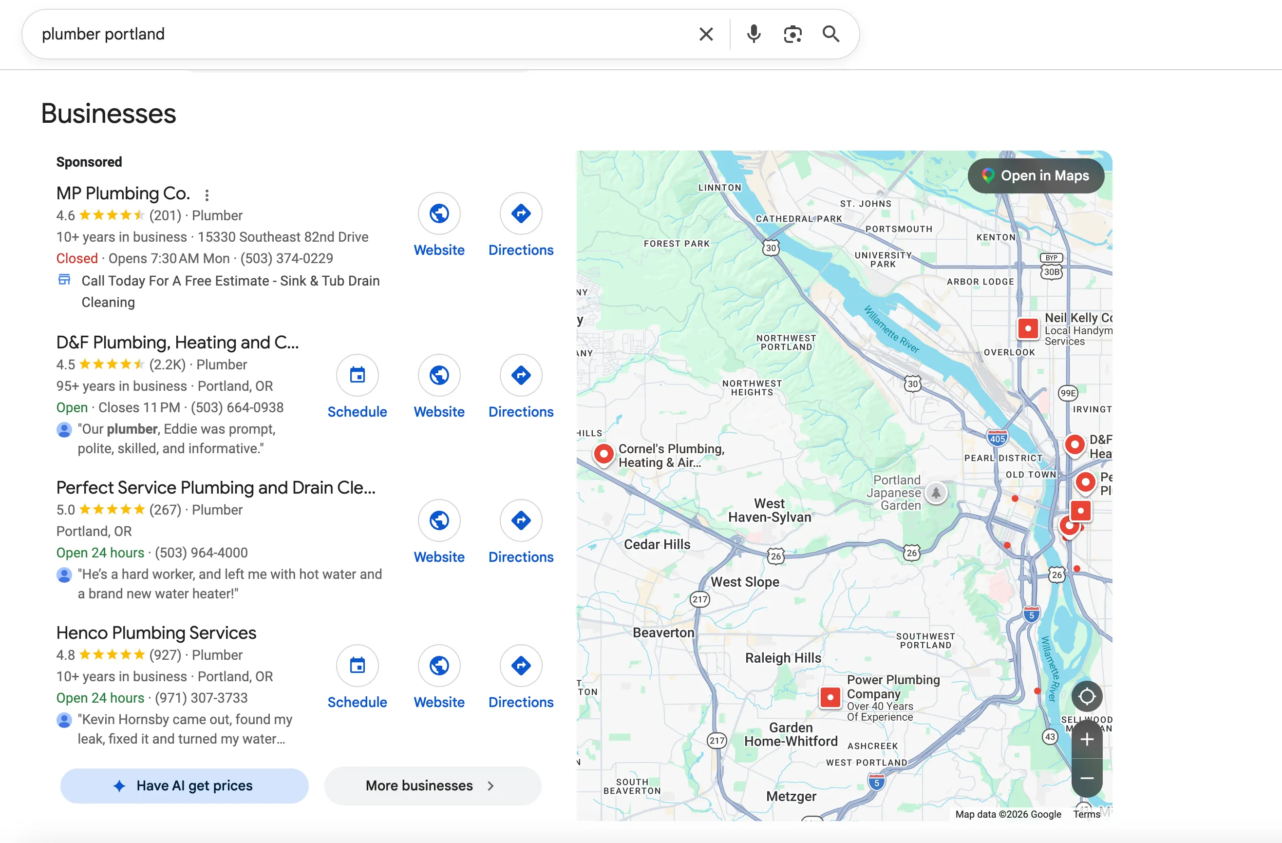 Google results for plumber portland: a sponsored listing, then three plumbers on a map